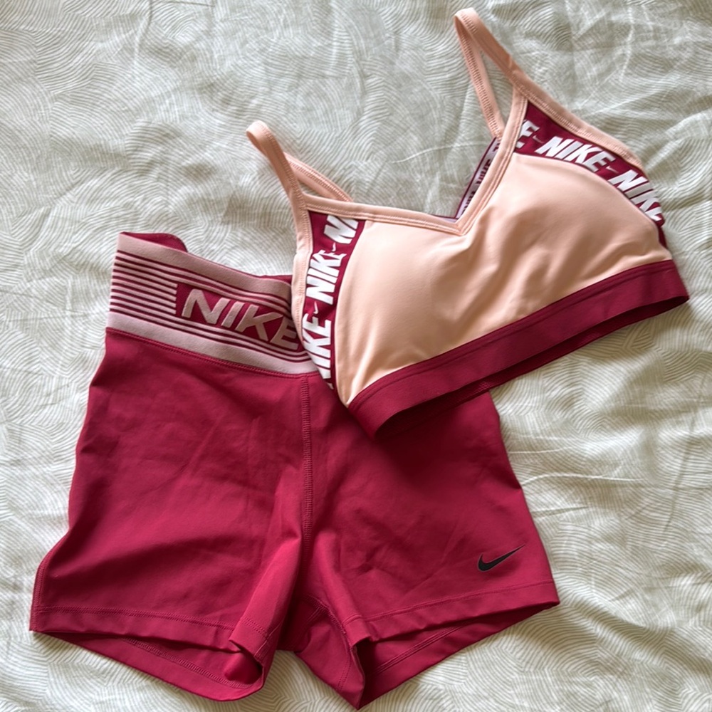 Nike Women's Pink Sports Bra and Shorts Set